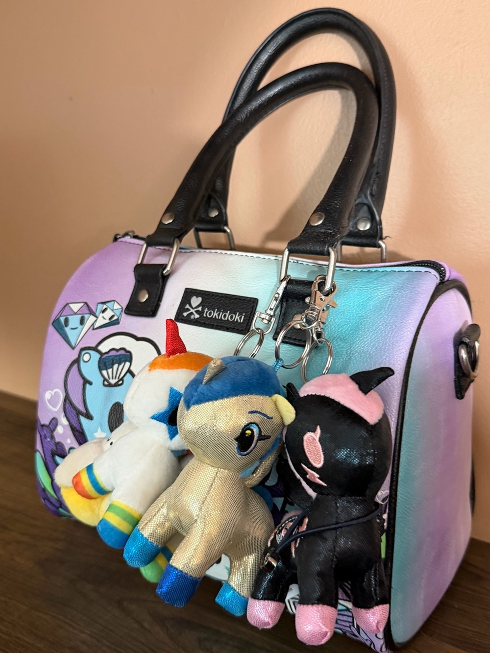 tokidoki Pastel Medium Speedy Bag with Multicolor Plush Keychains